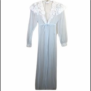 Vintage regency lace blue semi sheer maxi lingerie robe